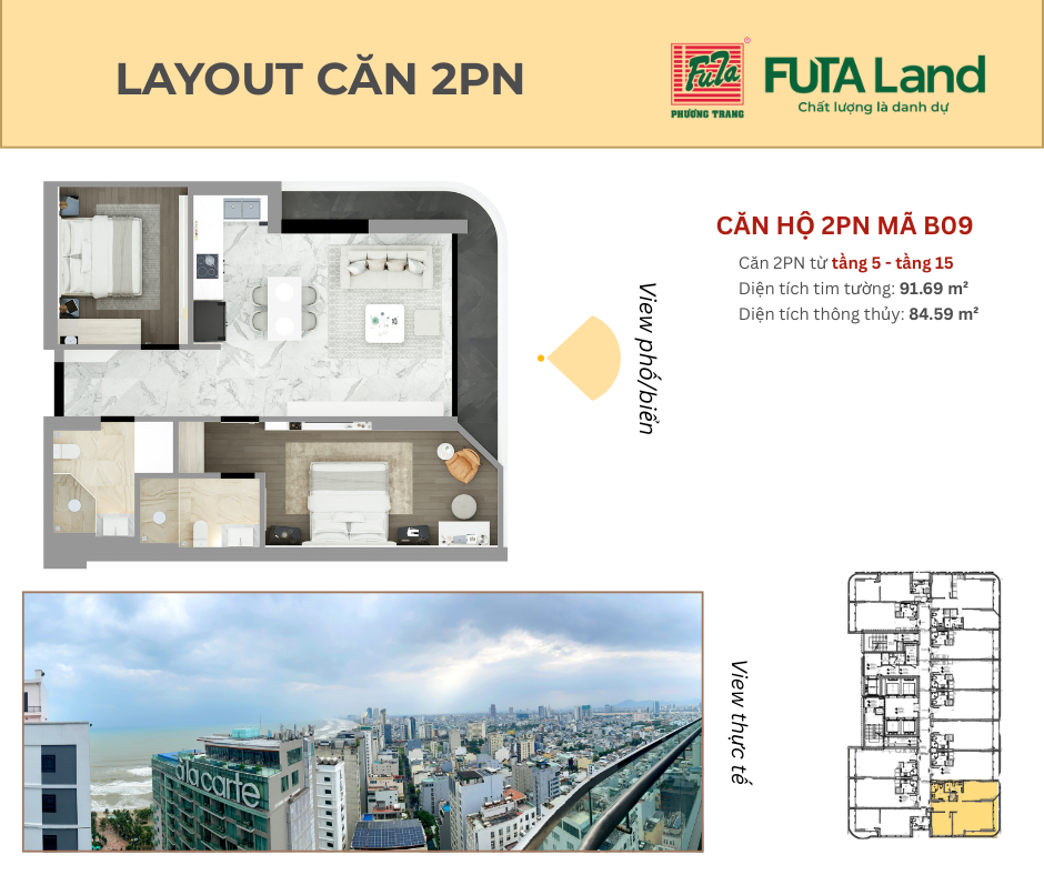 Căn hộ 2 phòng ngủ View Xéo biển Times Square Đà Nẵng View Biển Mỹ Khê